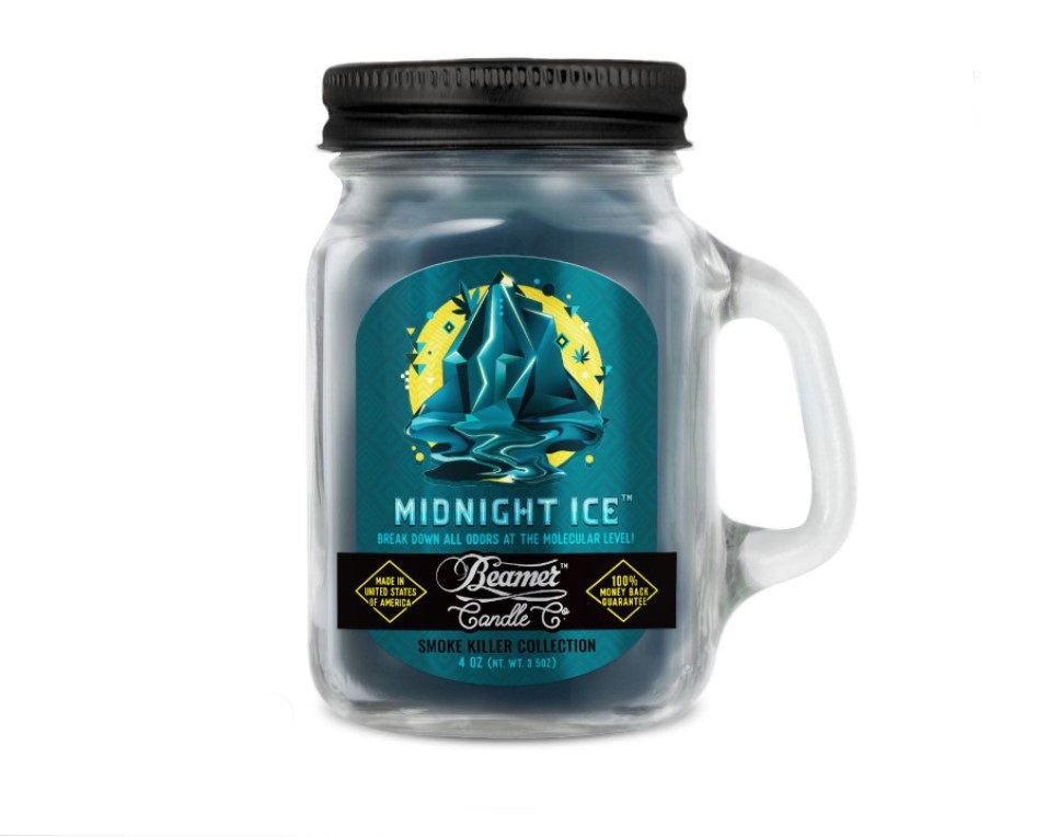 Smoke Killer illatgyertya üvegedényben, füllel és fém kupakkal – Midnight Ice - kicsi